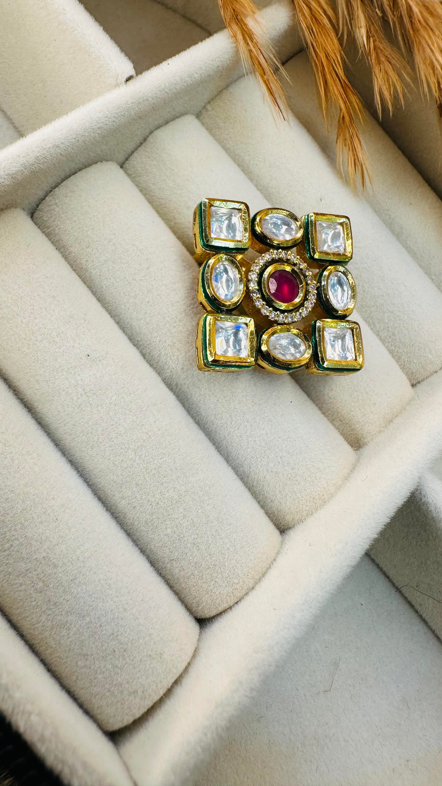 Oversized Mughal ethnic square kundan ring