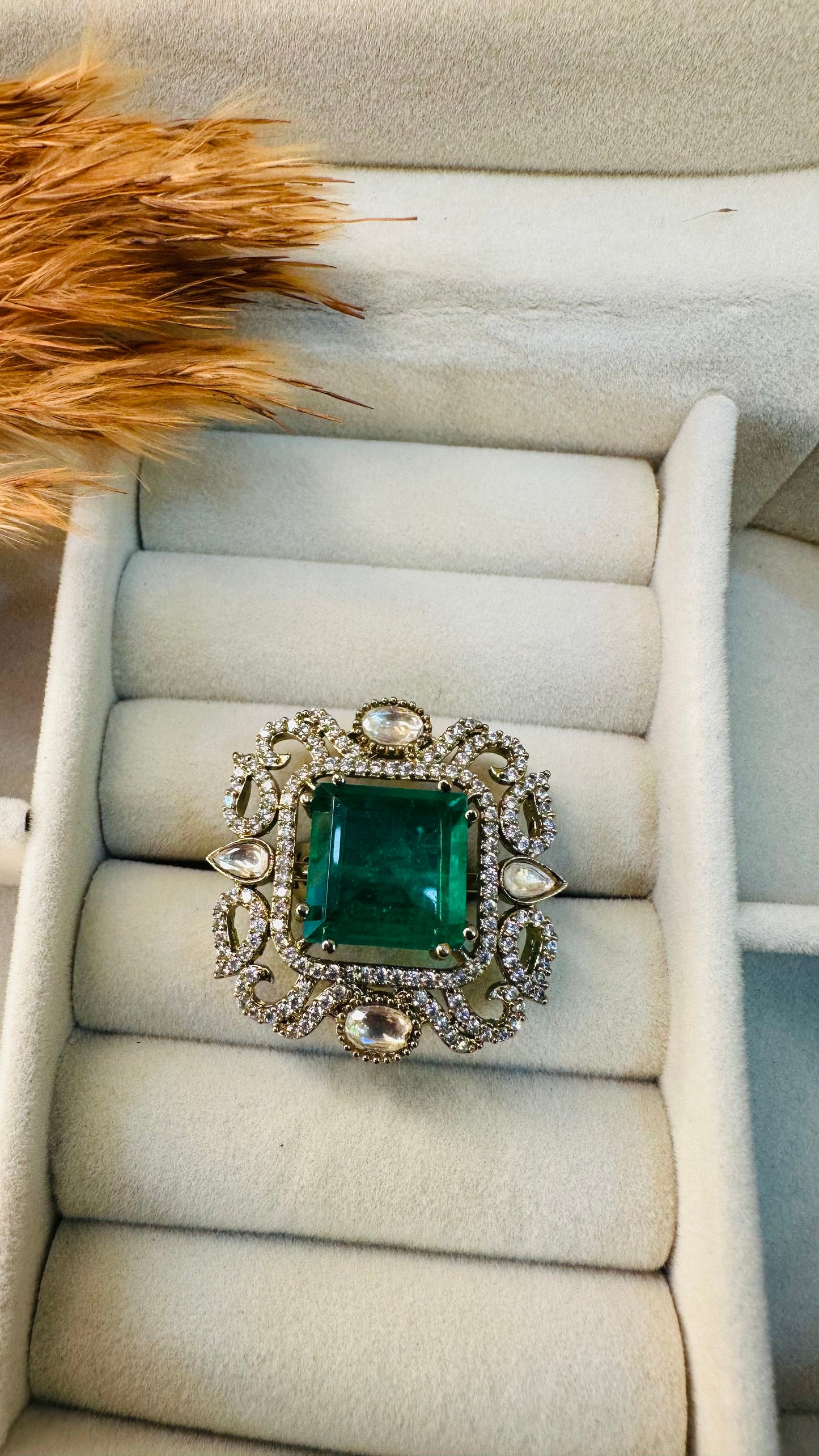 Oversized square emerald kundan cocktail ring