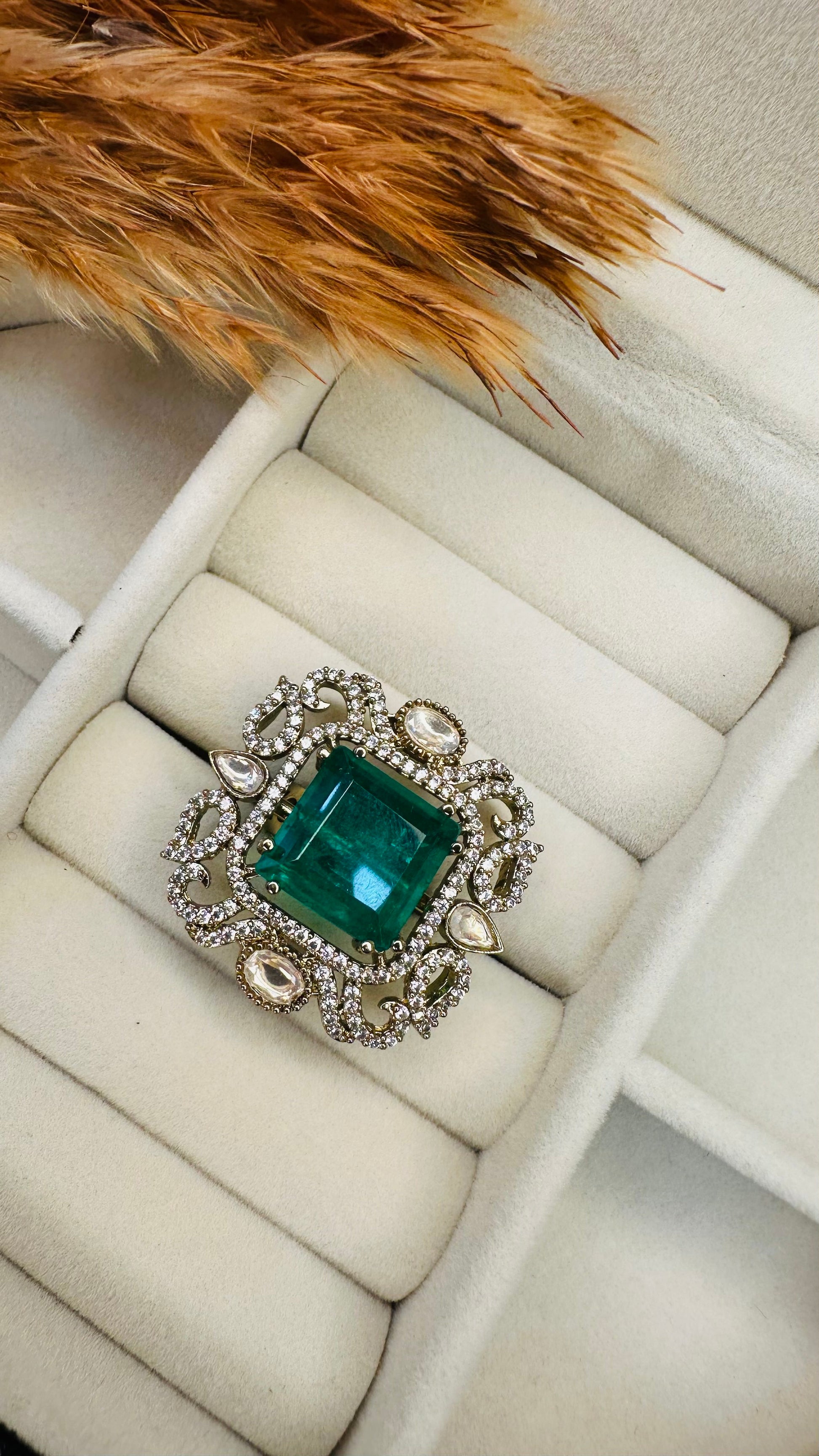 Green stone kundan polki bridal ring