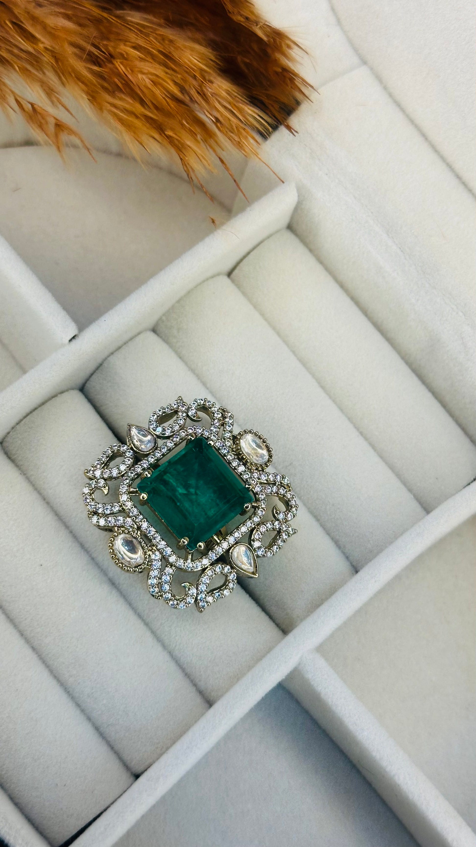 Heritage cz halo emerald cut kundan ring