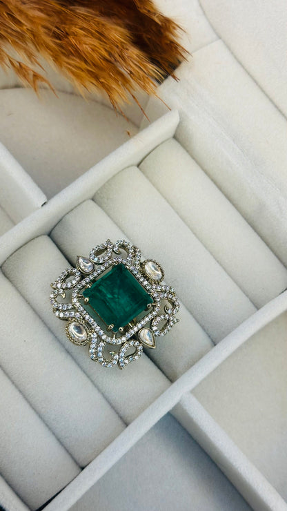 Heritage cz halo emerald cut kundan ring