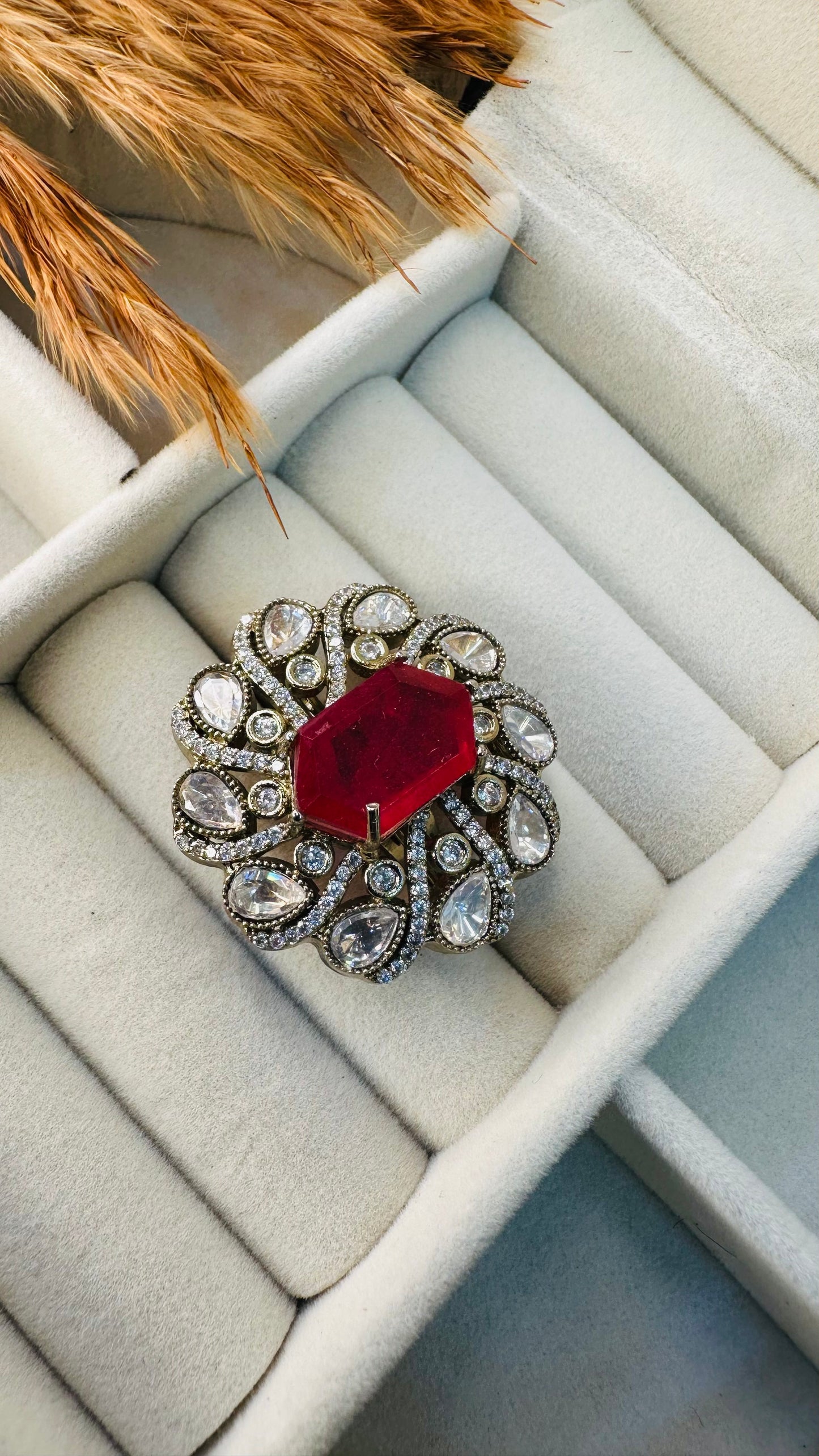 Hexagon ruby floral CZ cocktail ring