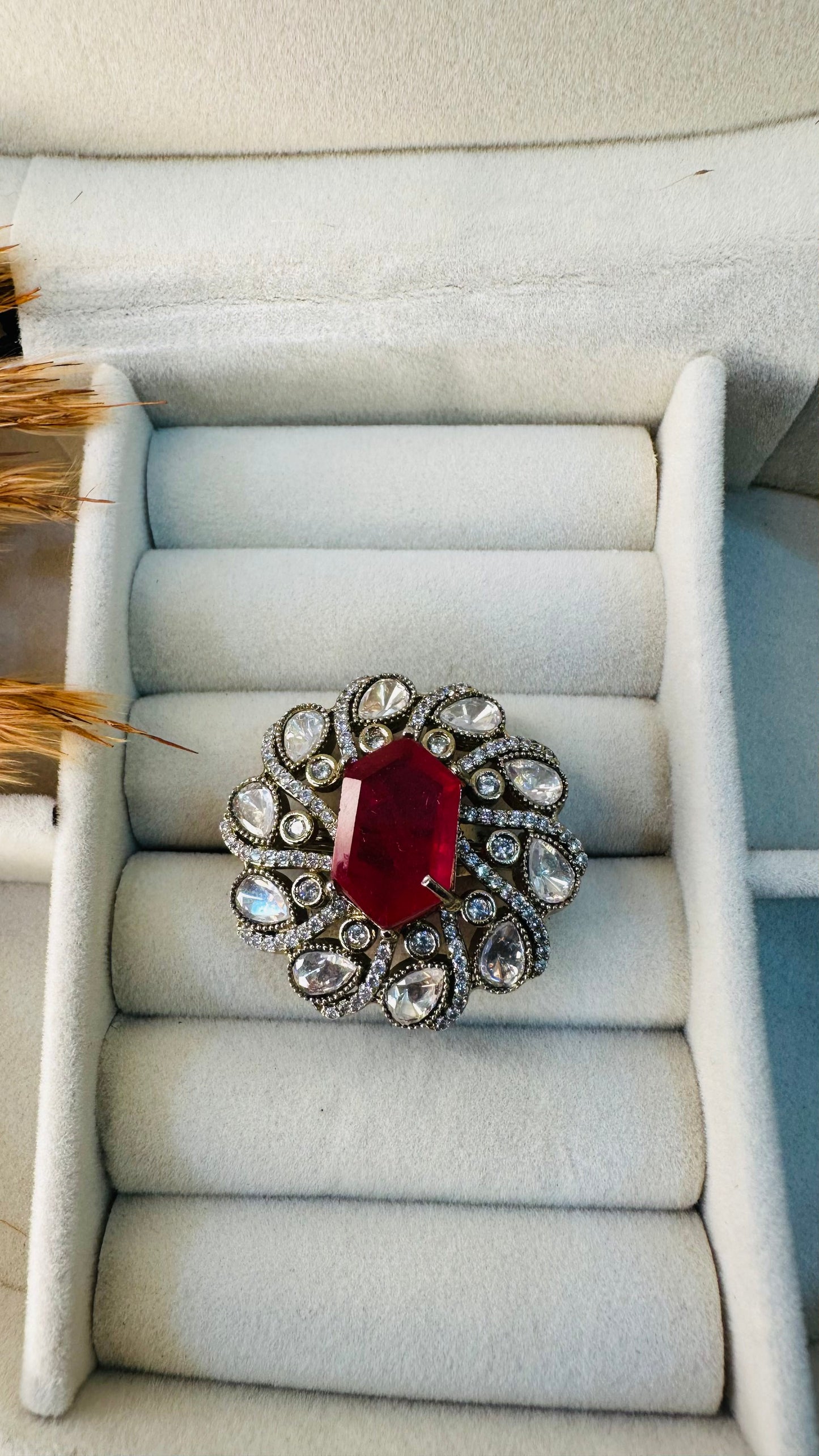 Vintage silver ruby floral cluster statement ring