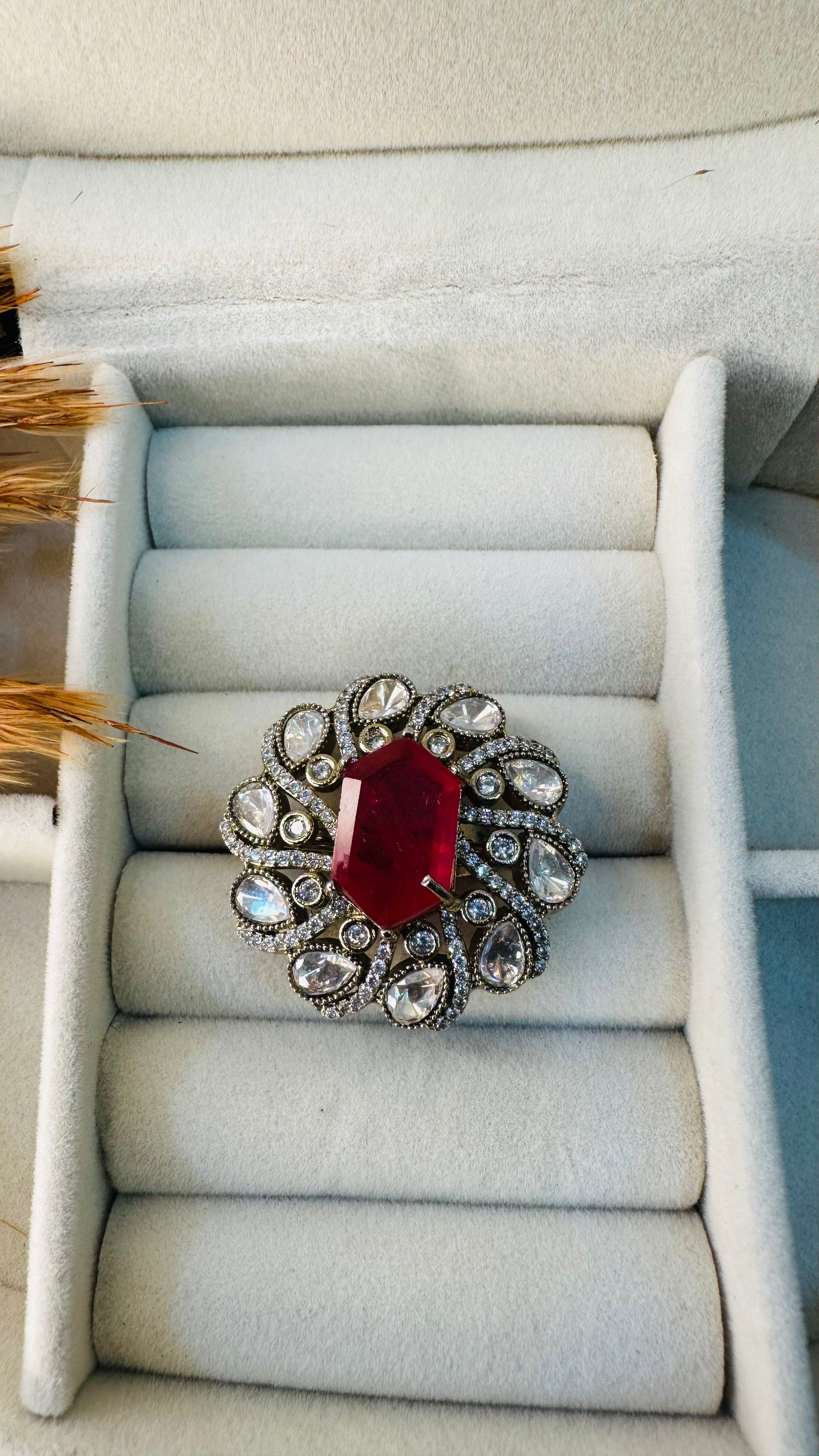 Vintage silver ruby floral cluster statement ring