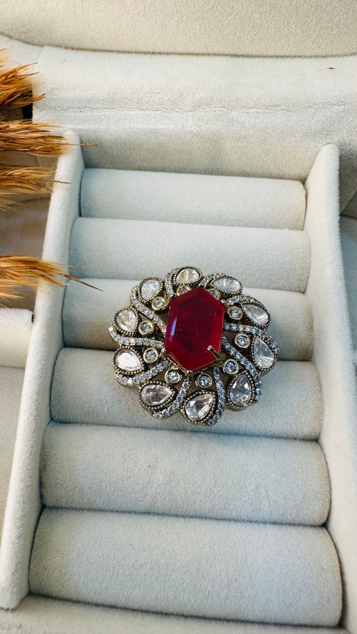 Red stone polki wedding ring with CZ petals