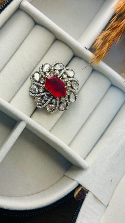 Adjustable ruby cz statement bridal ring with milgrain