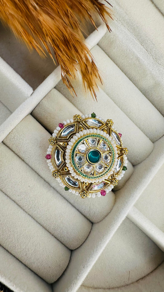 Multicolor kundan pearl cocktail ring