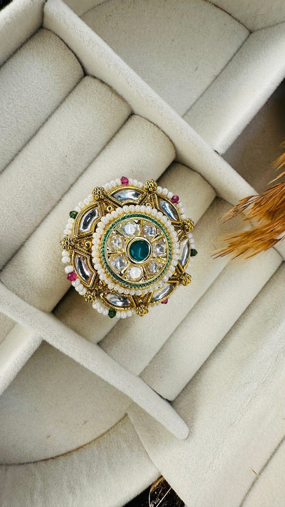 Front angle oversized pearl kundan ring