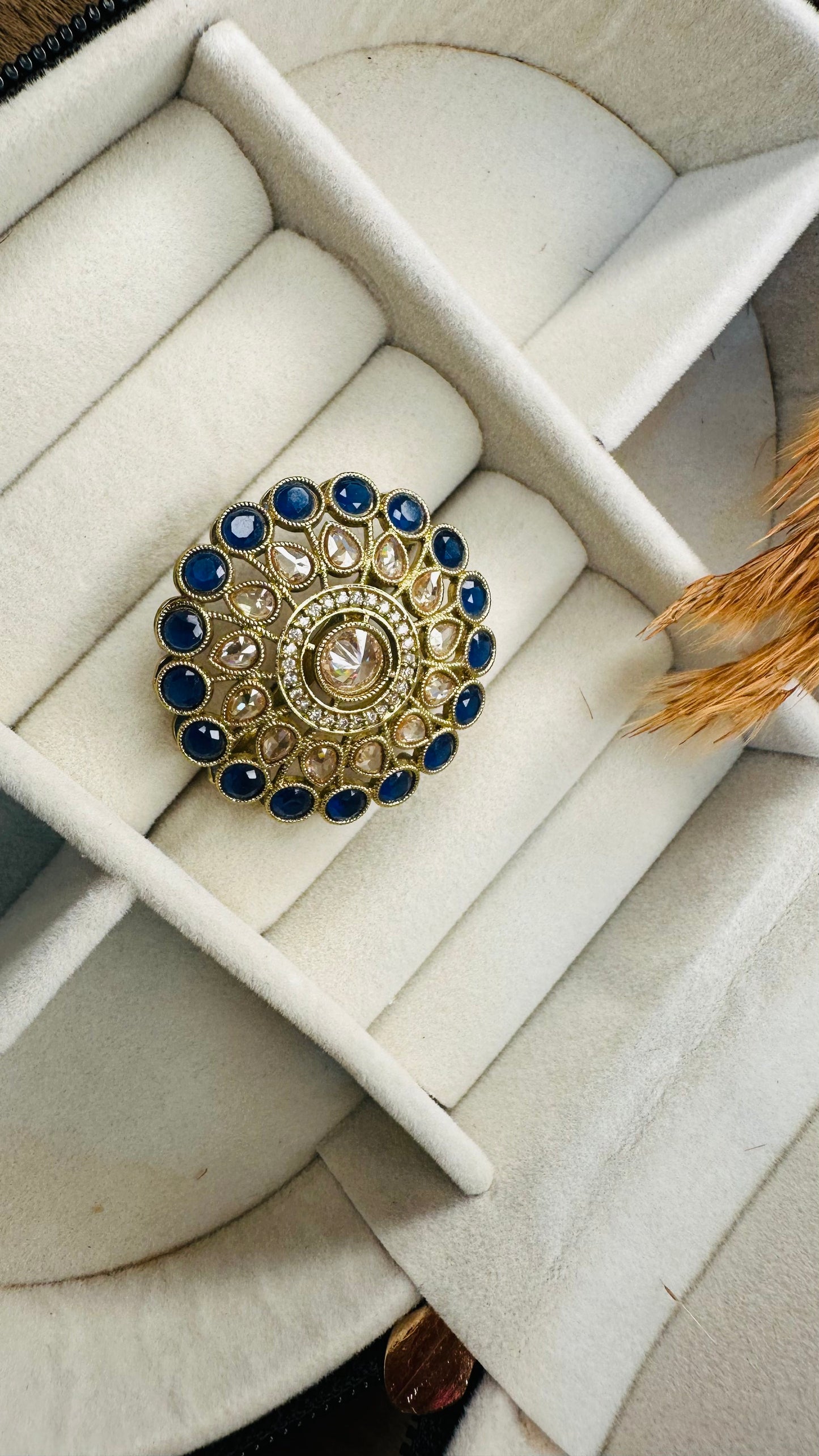 Gold round ethnic blue statement ring