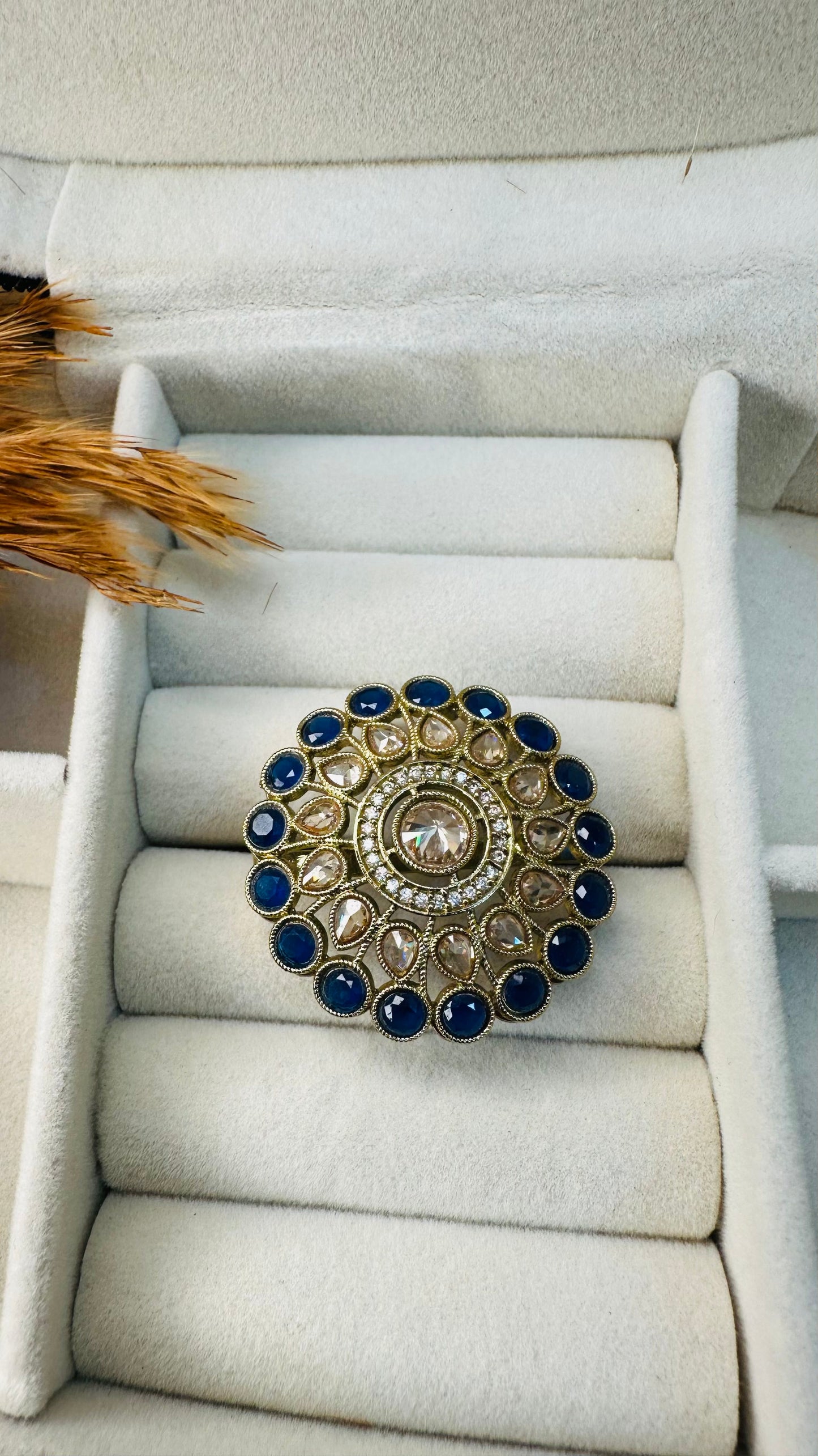 Teardrop kundan polki ring blue stone