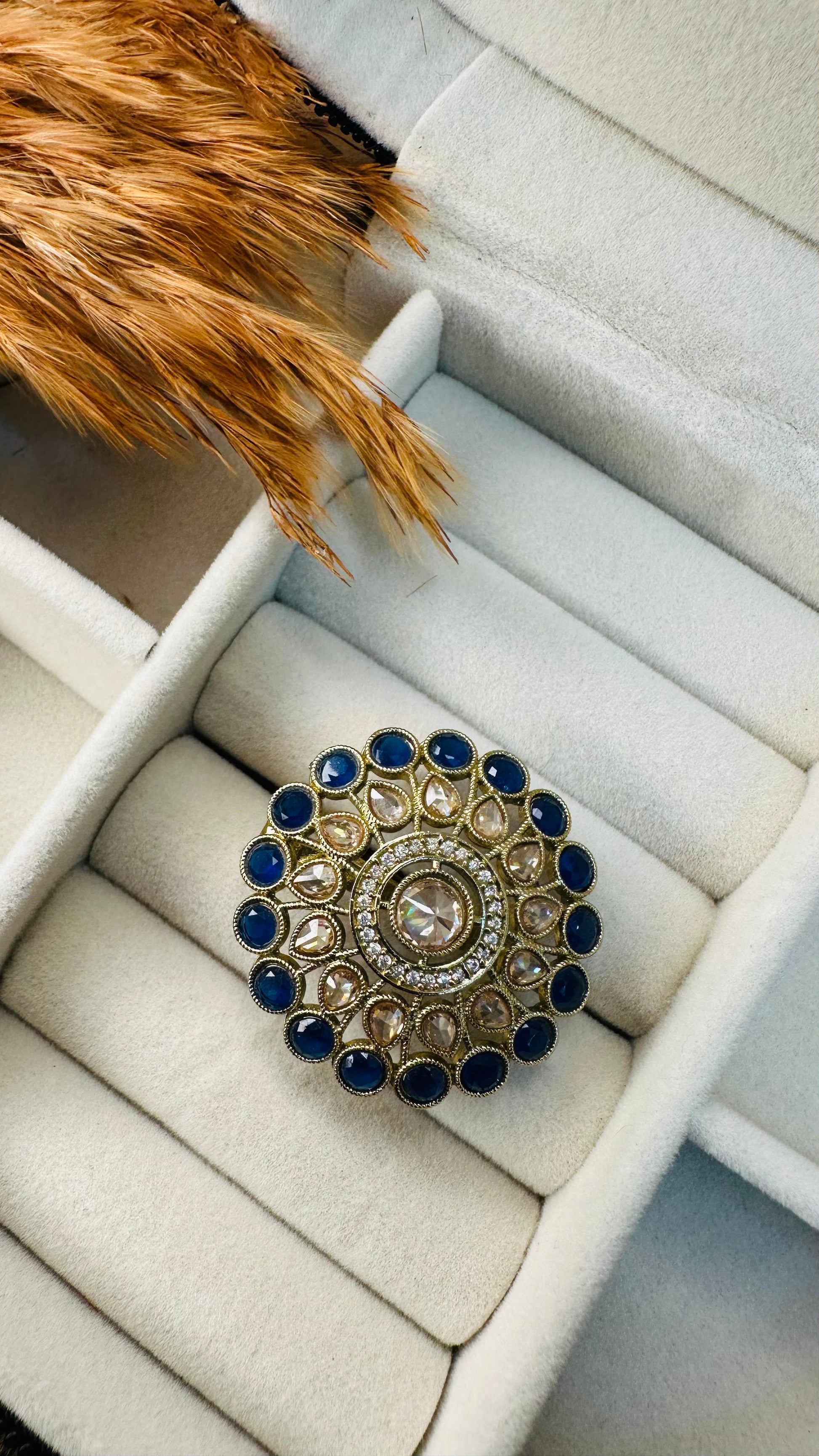 Adjustable blue party kundan ring statement