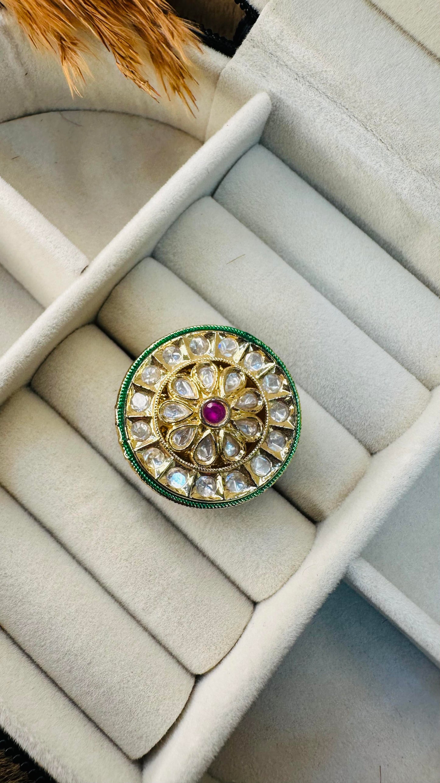 Emerald lotus floral kundan ring gold