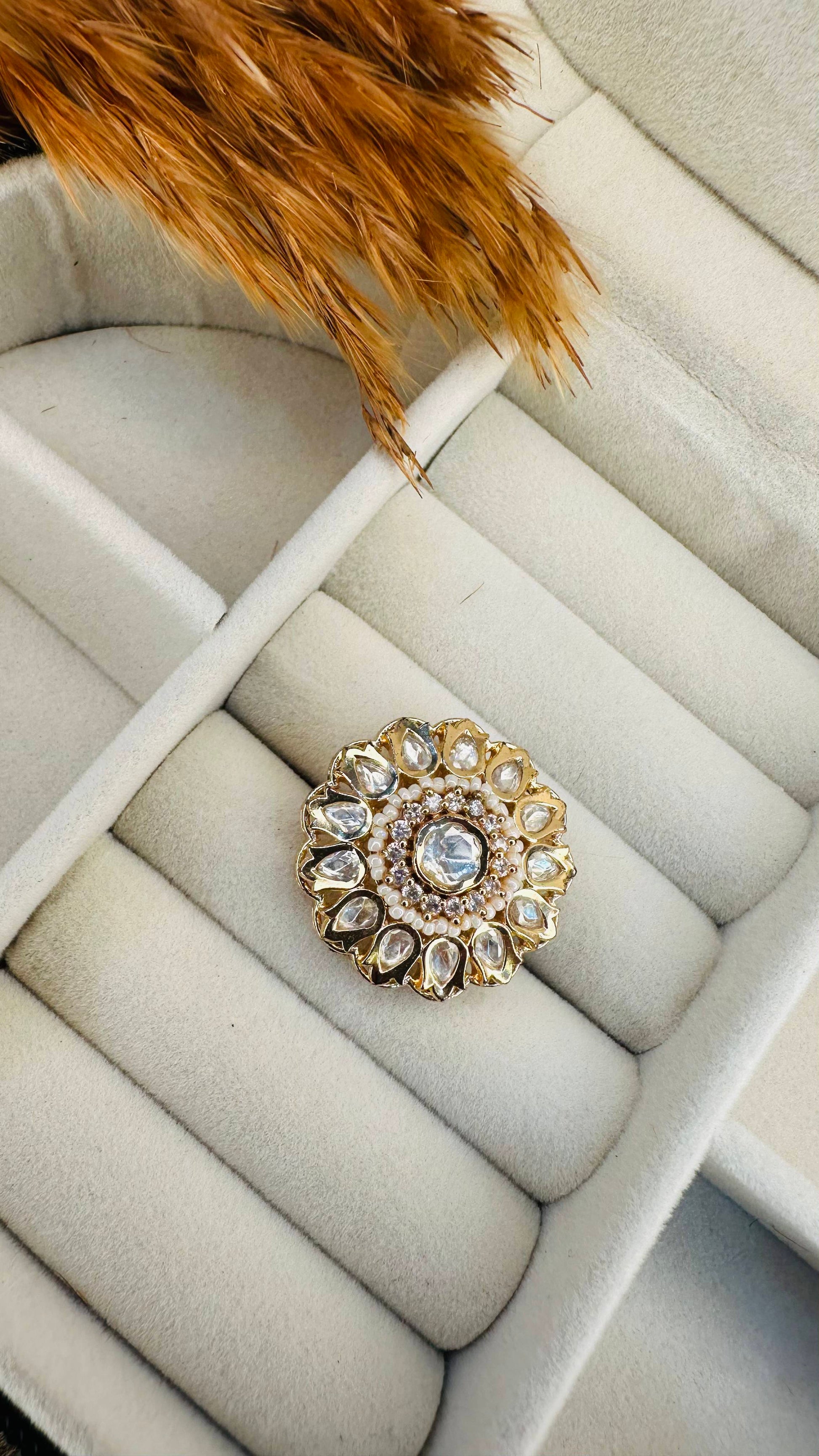 Oversized kundan pearl floral jadau ring