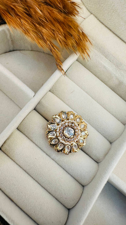 Oversized kundan pearl floral jadau ring