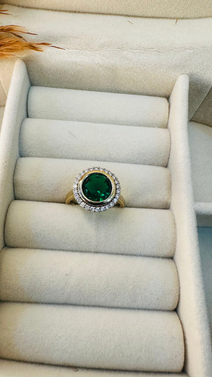 Emerald green halo cocktail ring gold plated