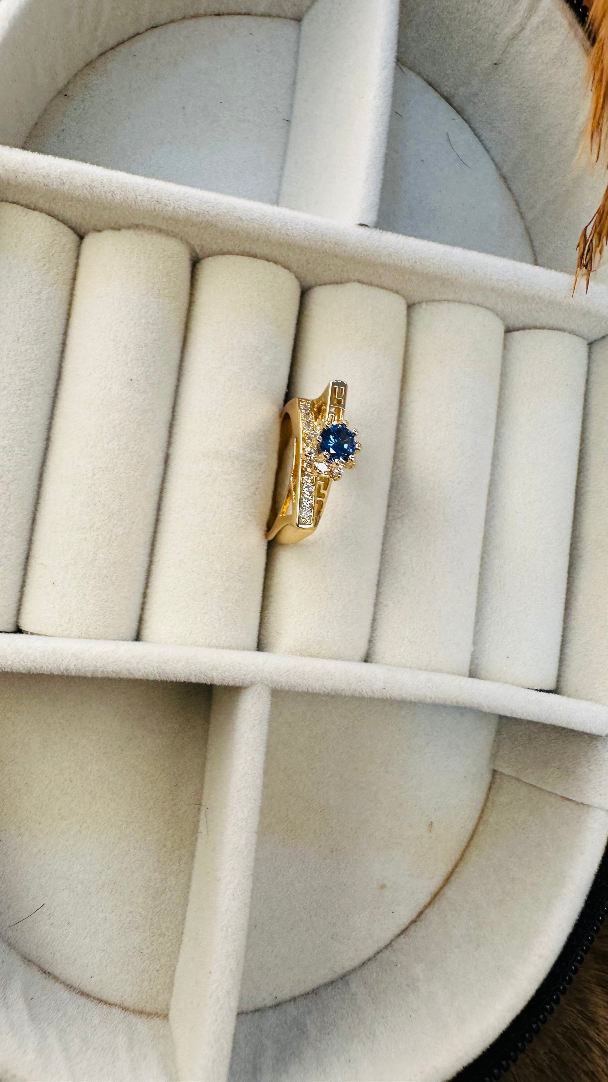 Pavé gold band blue stone statement ring