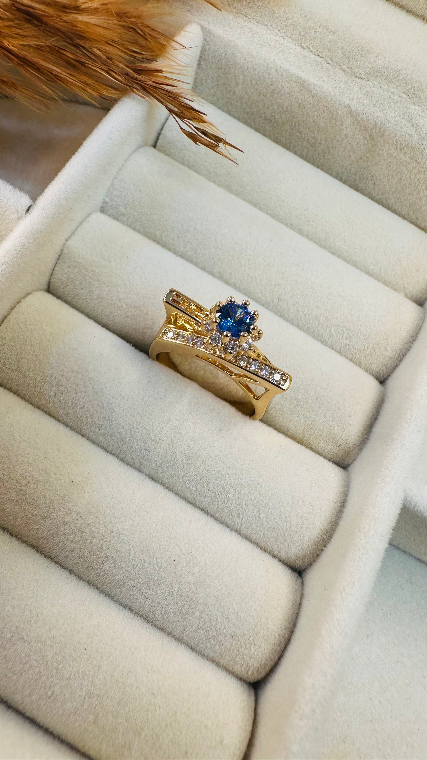 Gold blue engagement pavé floral ring