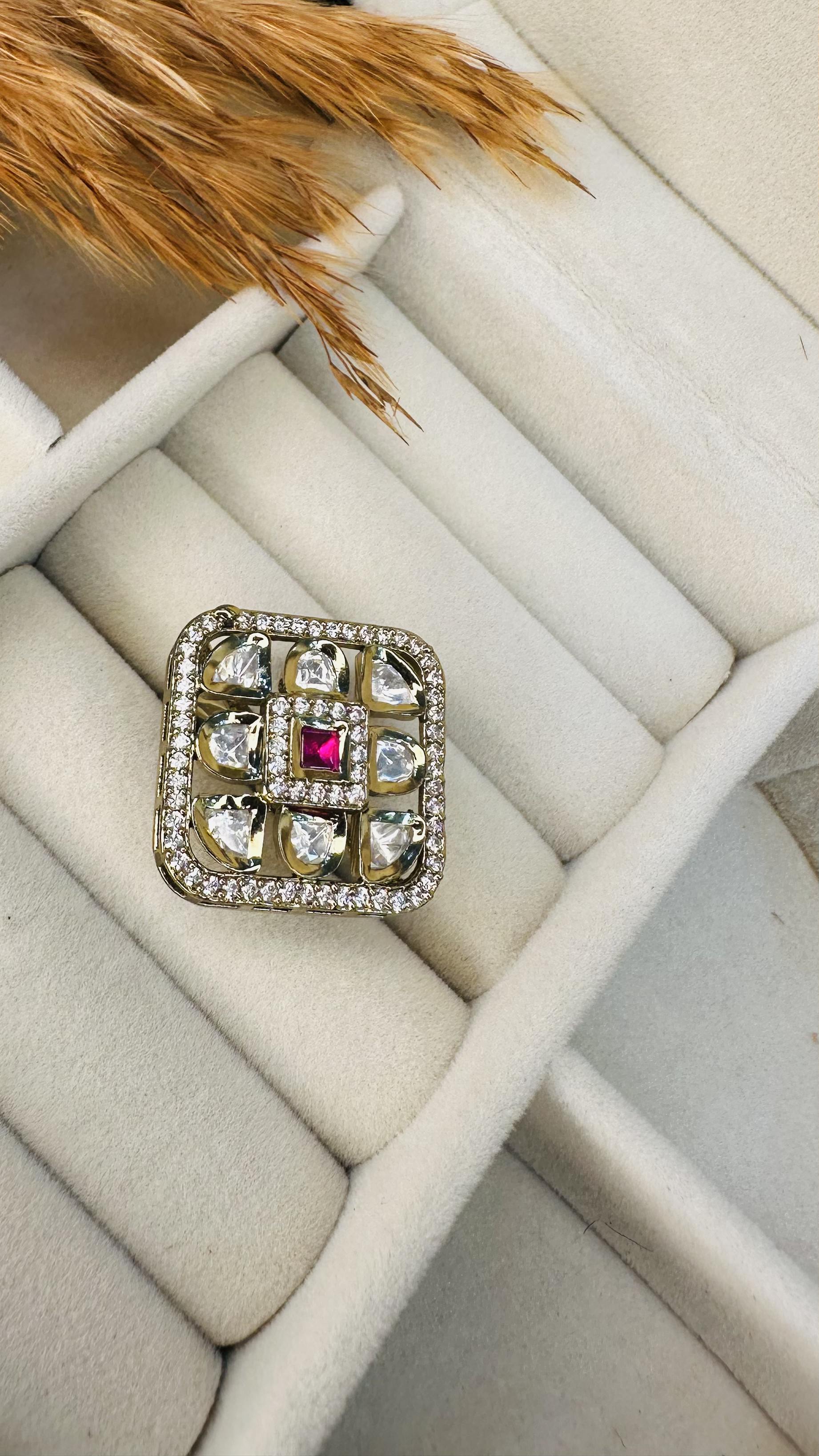 Square ruby kundan polki cocktail ring gold