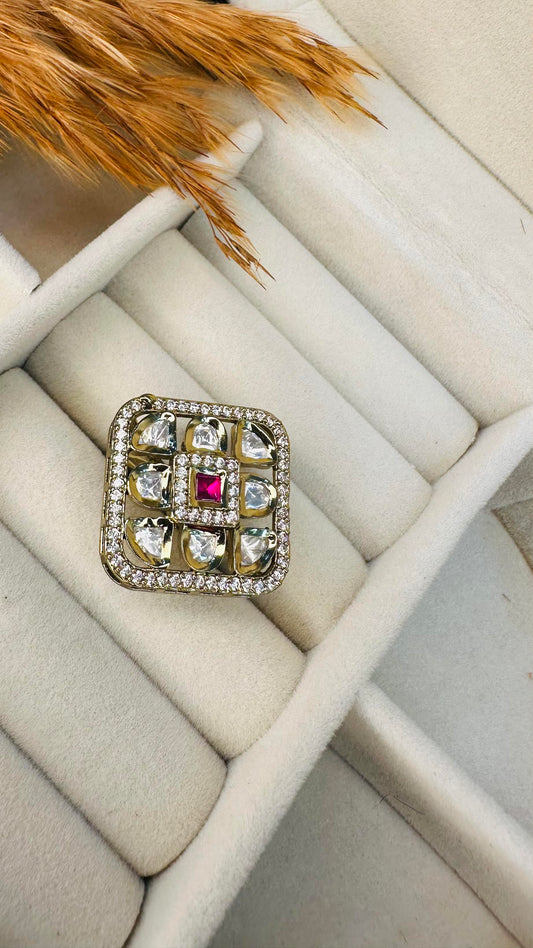 Square ruby kundan polki cocktail ring gold