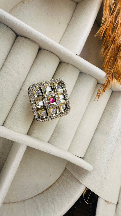 Oversized kundan grid cocktail party ring