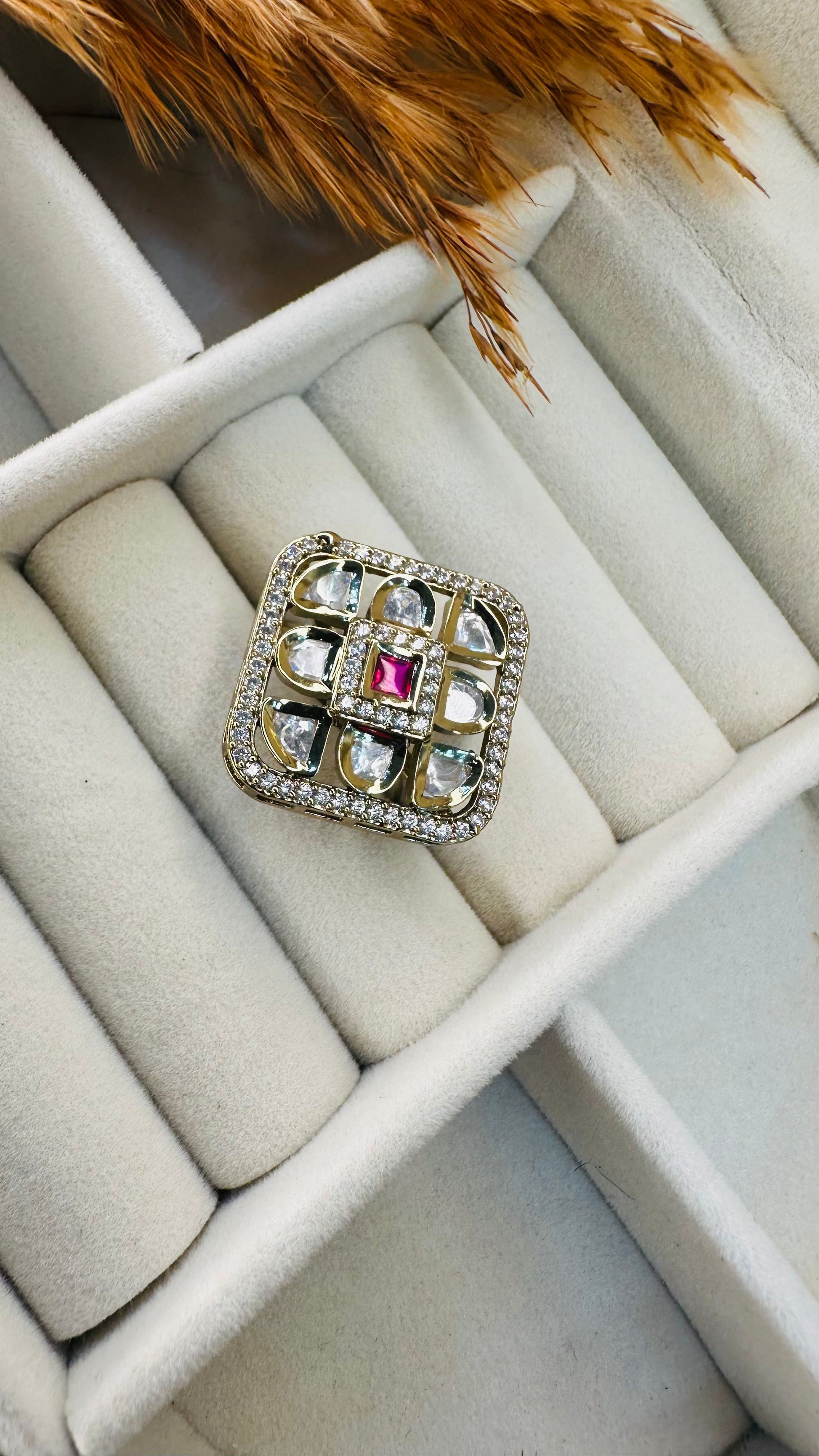 Bridal gold square kundan polki fusion ring