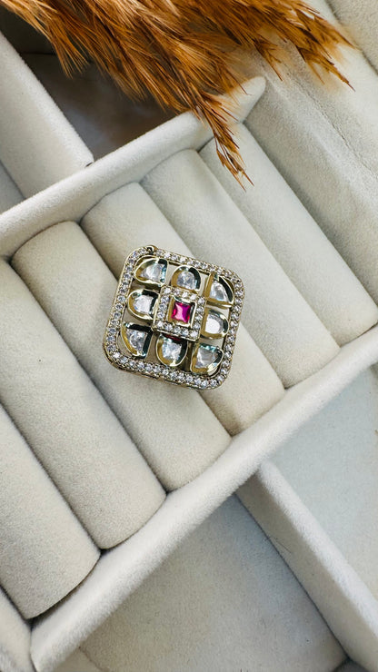 Bridal gold square kundan polki fusion ring
