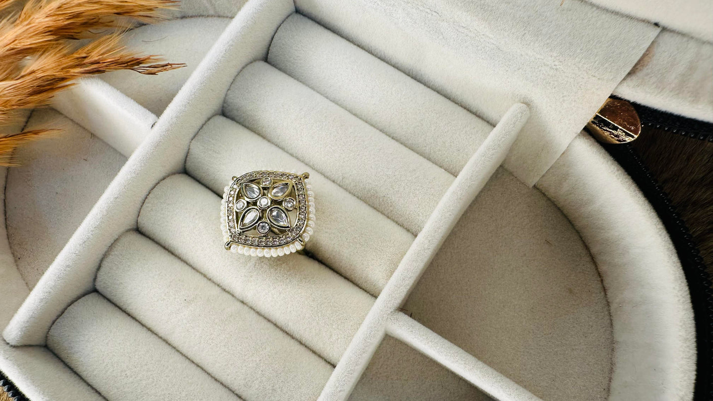 Pearl bordered oversized ethnic polki ring