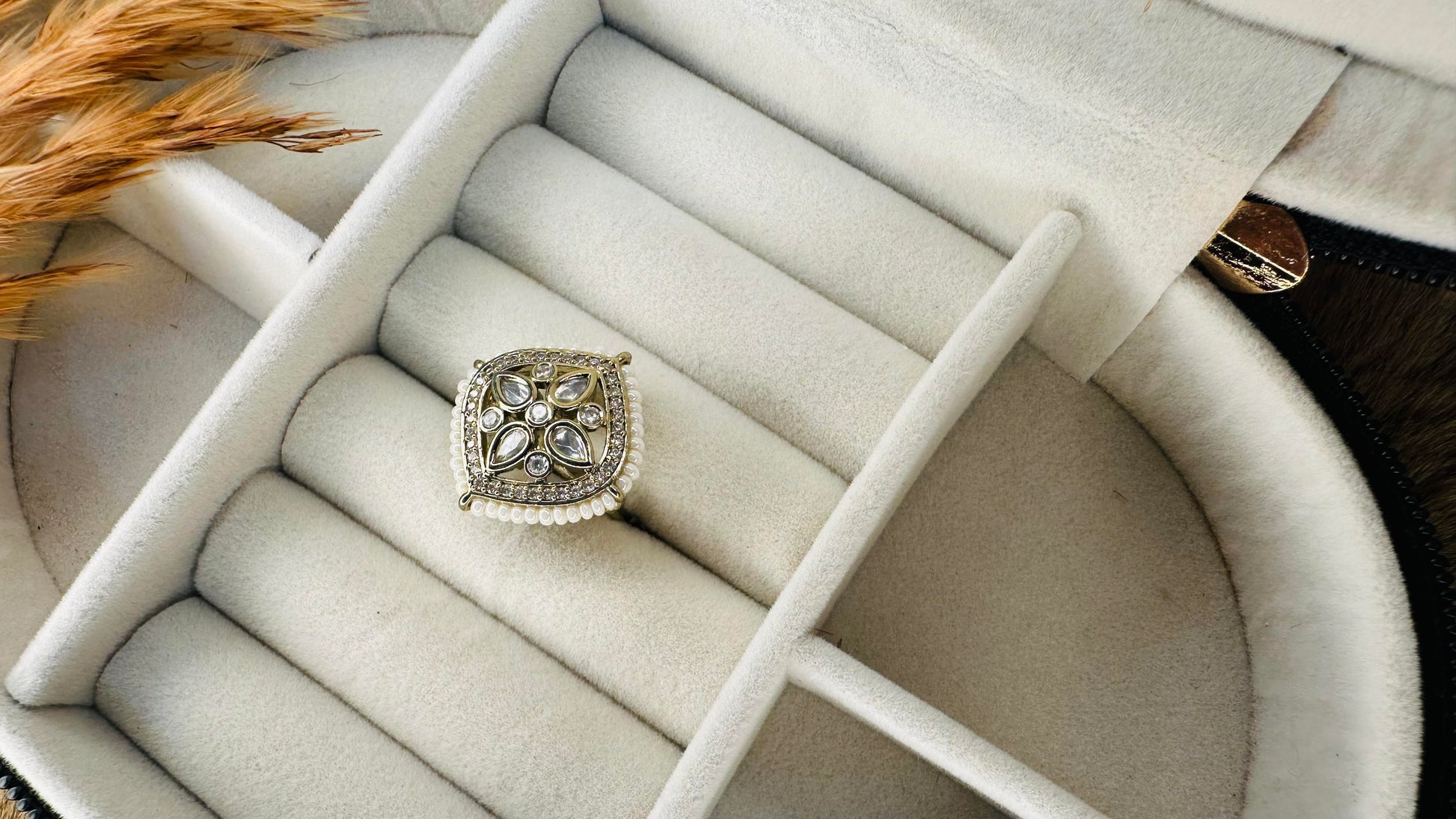 Pearl bordered oversized ethnic polki ring