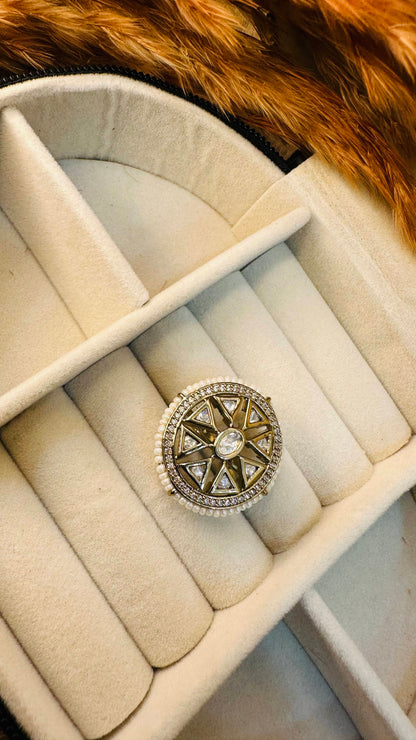 Sun motif round kundan pearl polki ring
