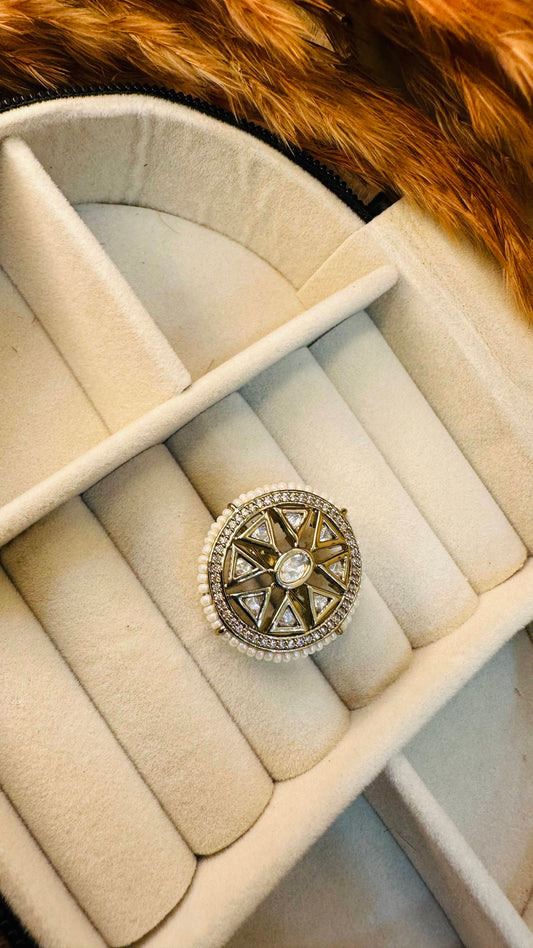 Sun motif round kundan pearl polki ring
