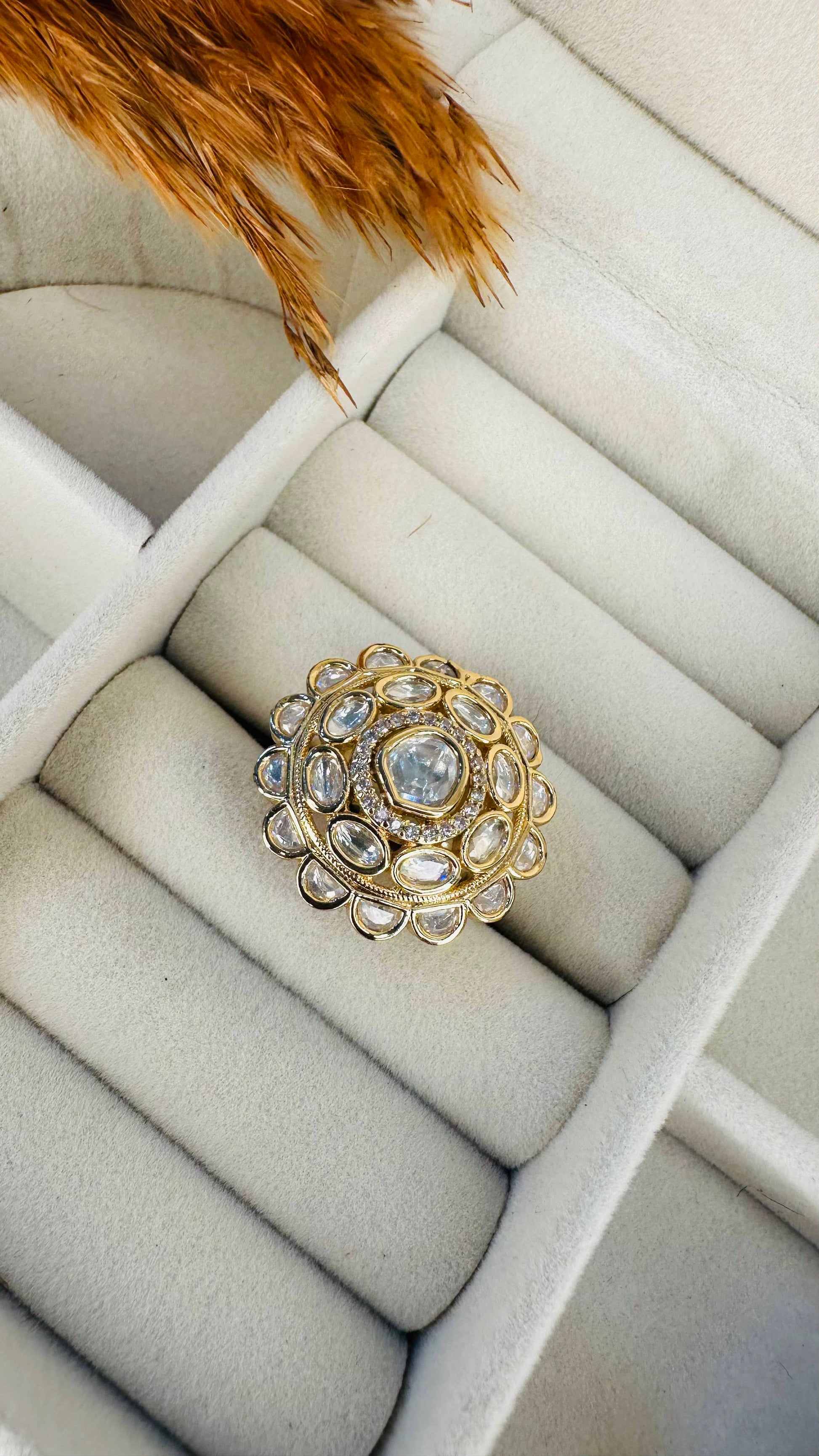 Oversized gold floral kundan polki ring