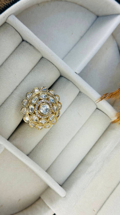 Heritage round gold kundan party ring