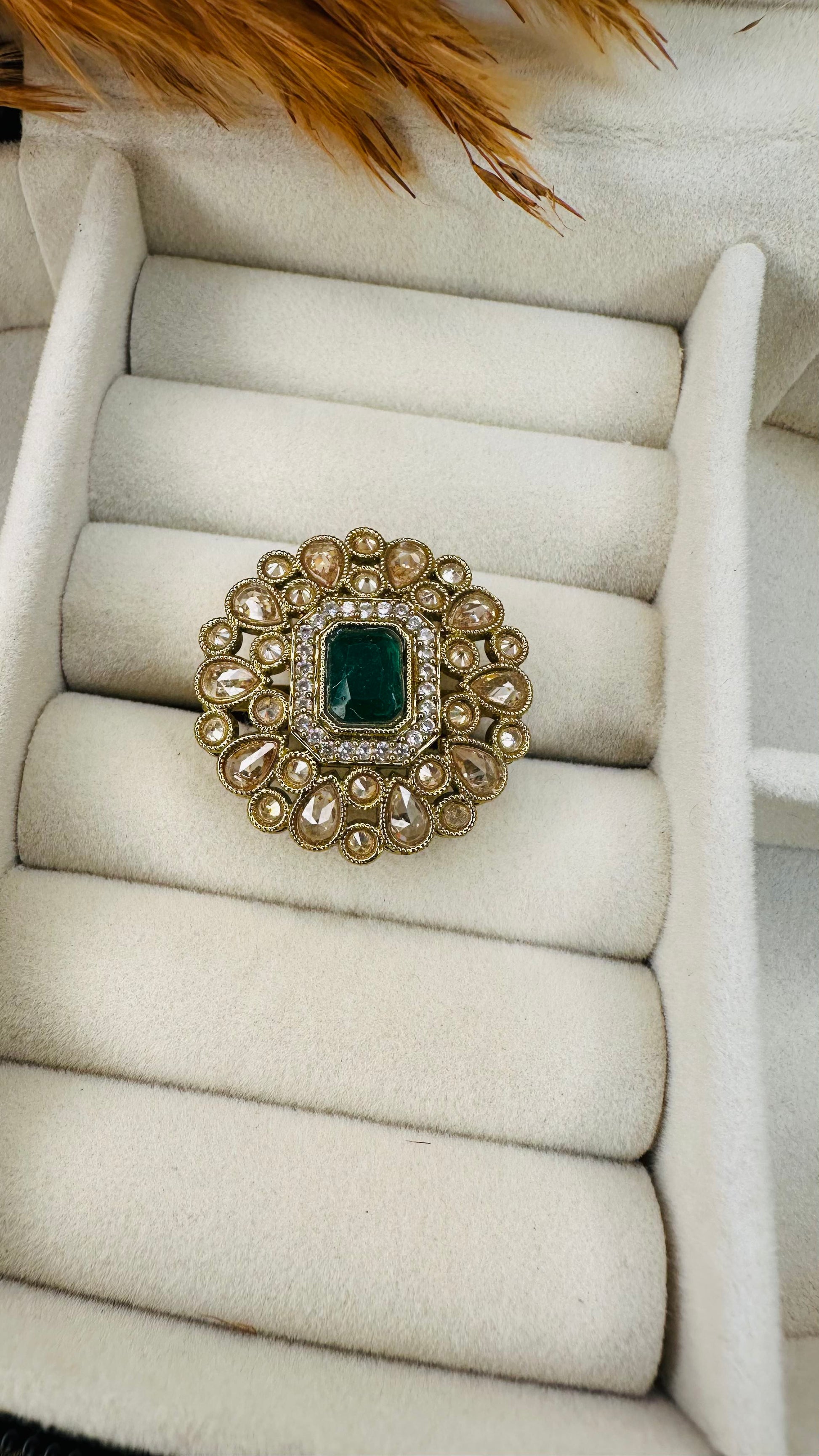 Top view floral kundan ring with pearl border