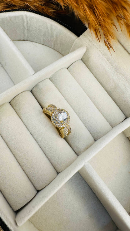 Double halo gold CZ engagement ring