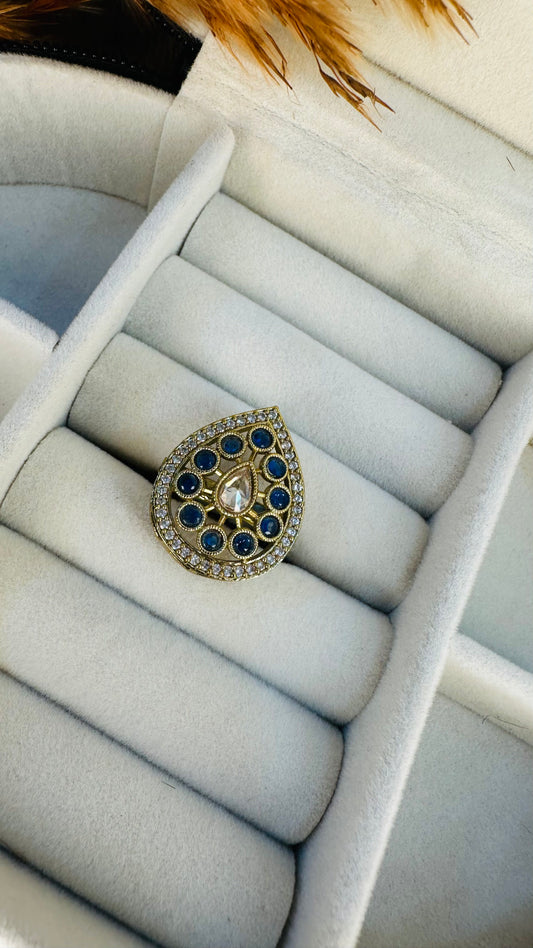 Navy blue teardrop polki kundan cocktail ring