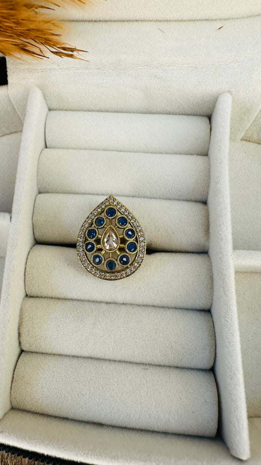 Large adjustable navy blue gold cocktail ring