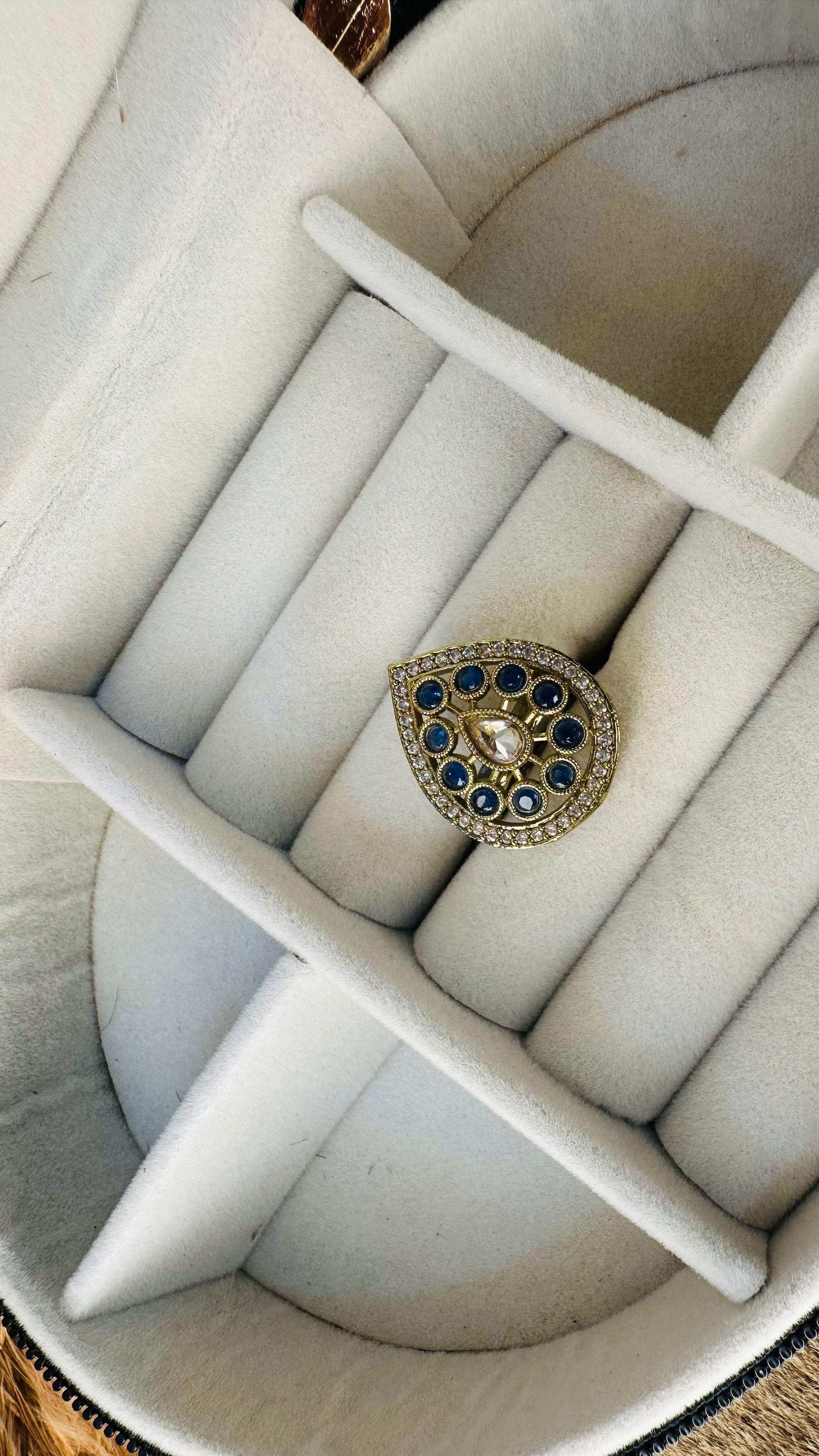 Gold tone blue kundan wedding cocktail ring