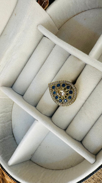 Gold tone blue kundan wedding cocktail ring