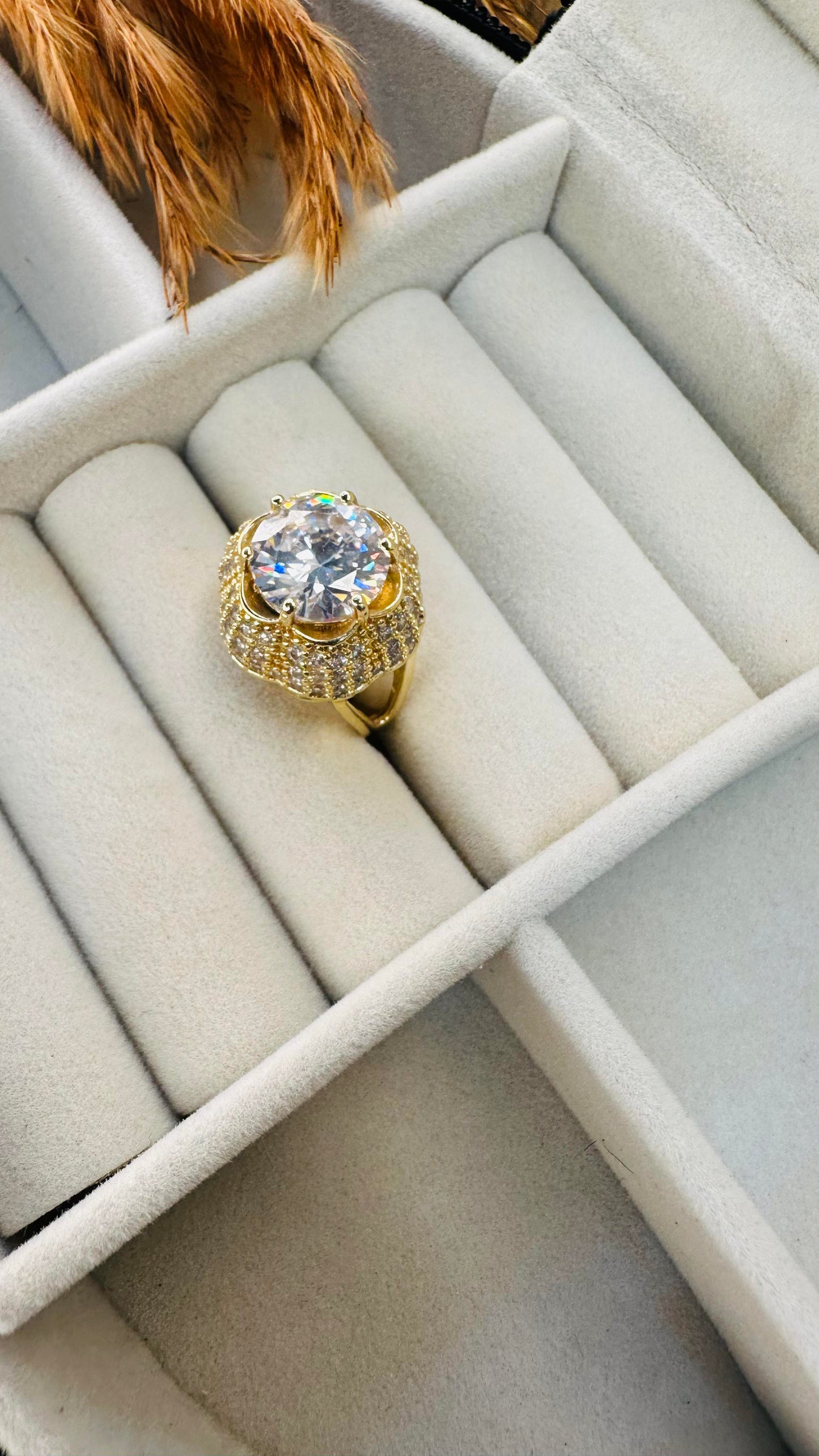 Big gold pavé CZ solitaire bridal ring