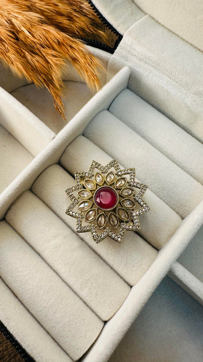 Ruby kundan heritage floral cocktail ring