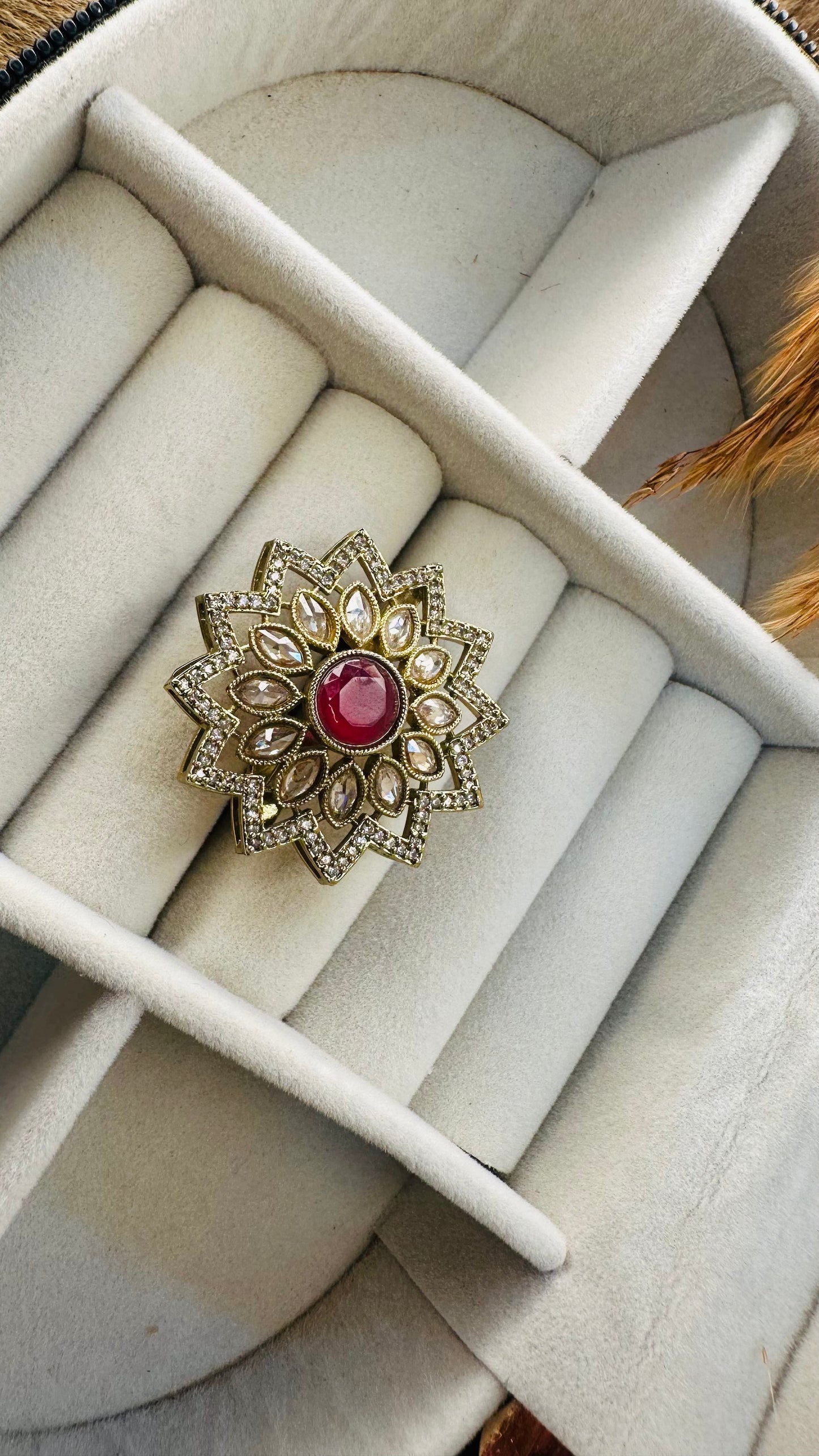 Front view kundan ring, gold finish
