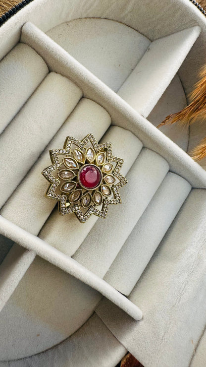 Front view kundan ring, gold finish