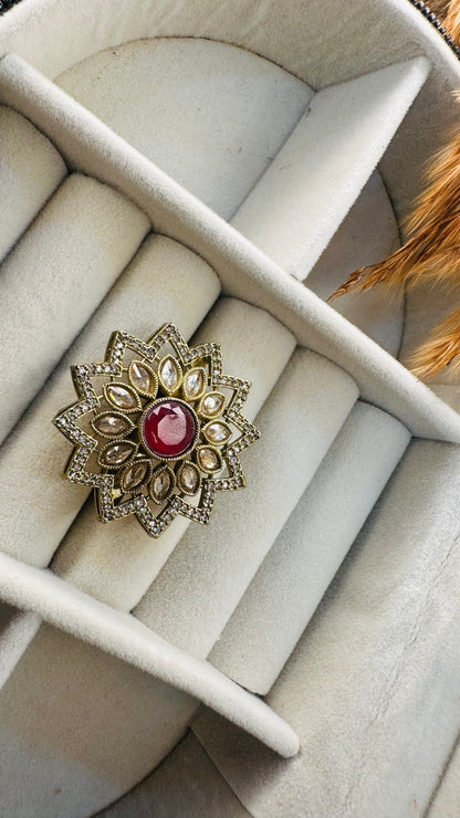 Two-layer kundan flower ring close up