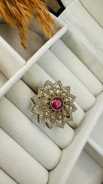 Top angle ruby kundan cocktail ring