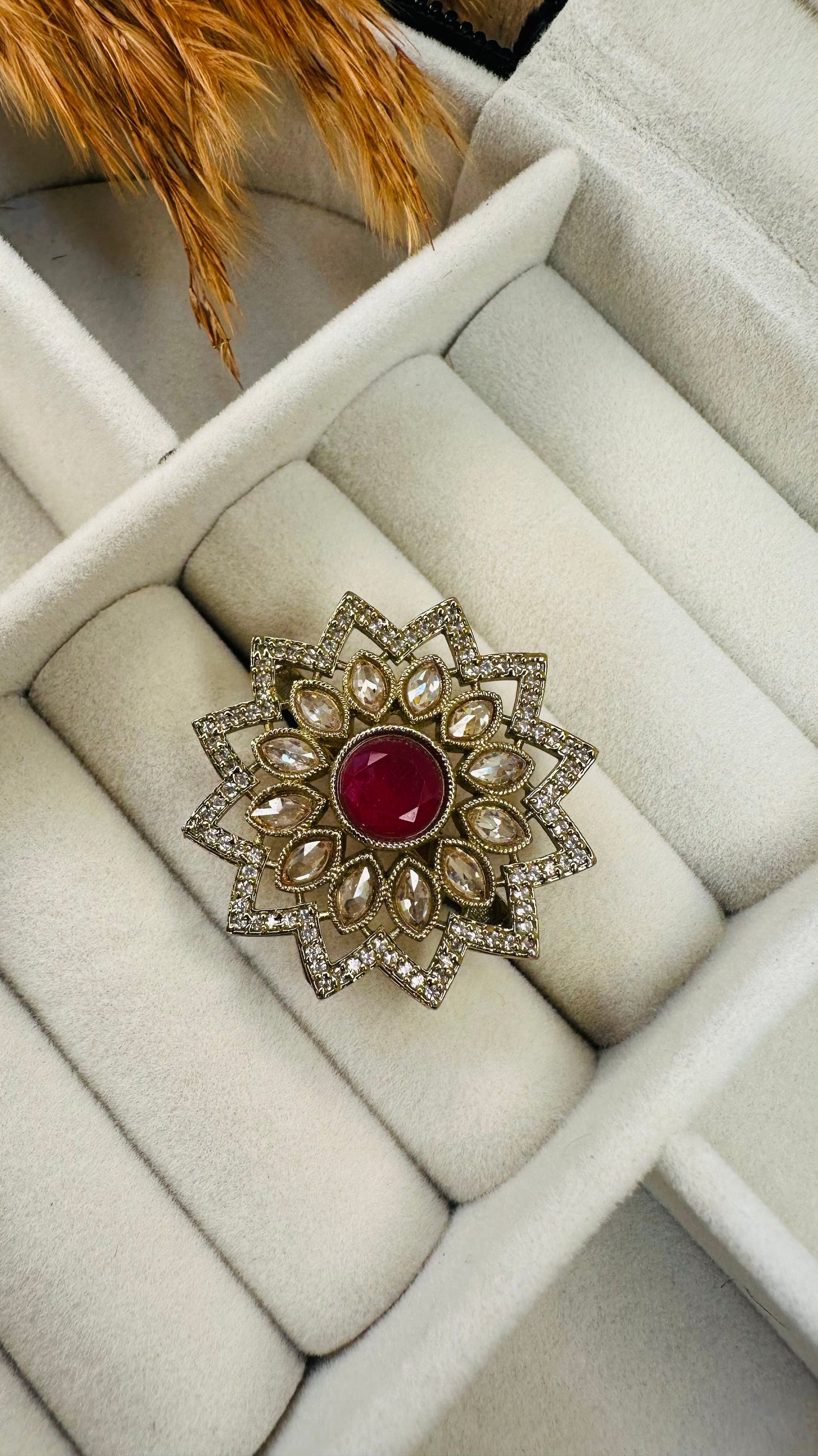 Side angle heritage floral kundan ring