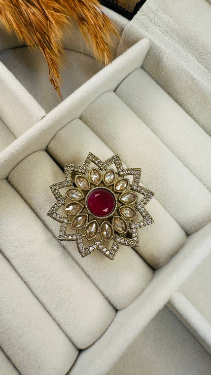 Side angle heritage floral kundan ring