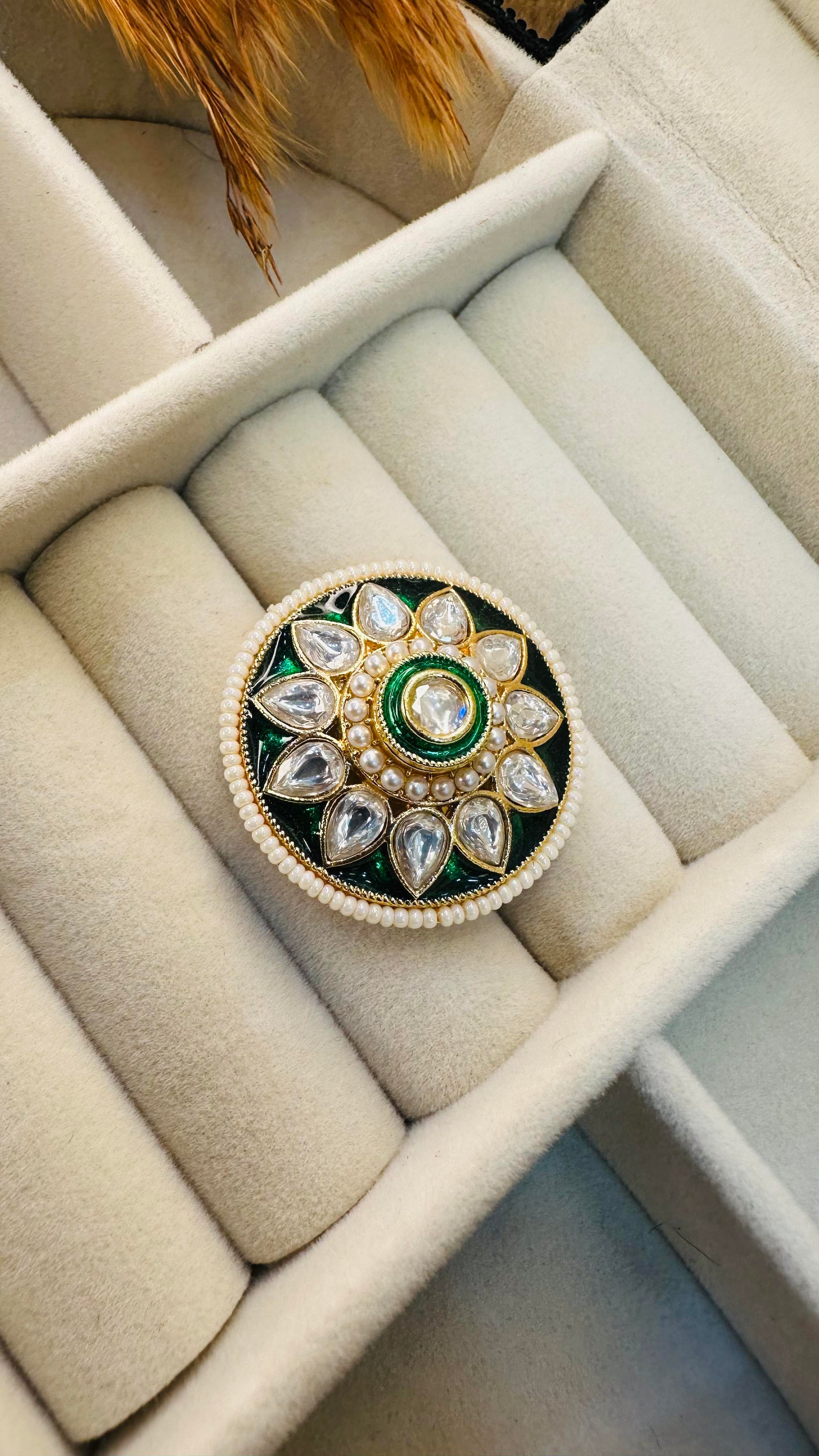 Green kundan mandala pearl cocktail ring