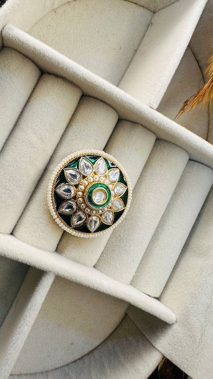 Emerald kundan round Indian statement ring