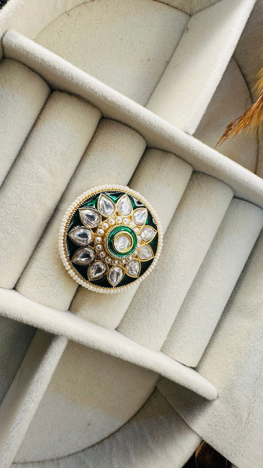 Emerald kundan round Indian statement ring