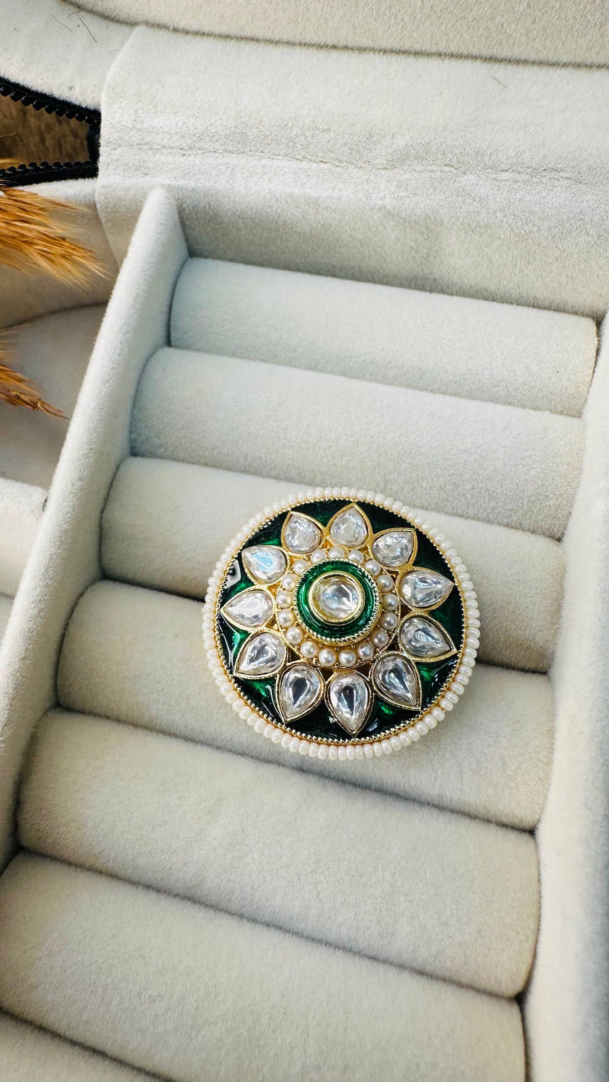 Front angle green kundan party ring